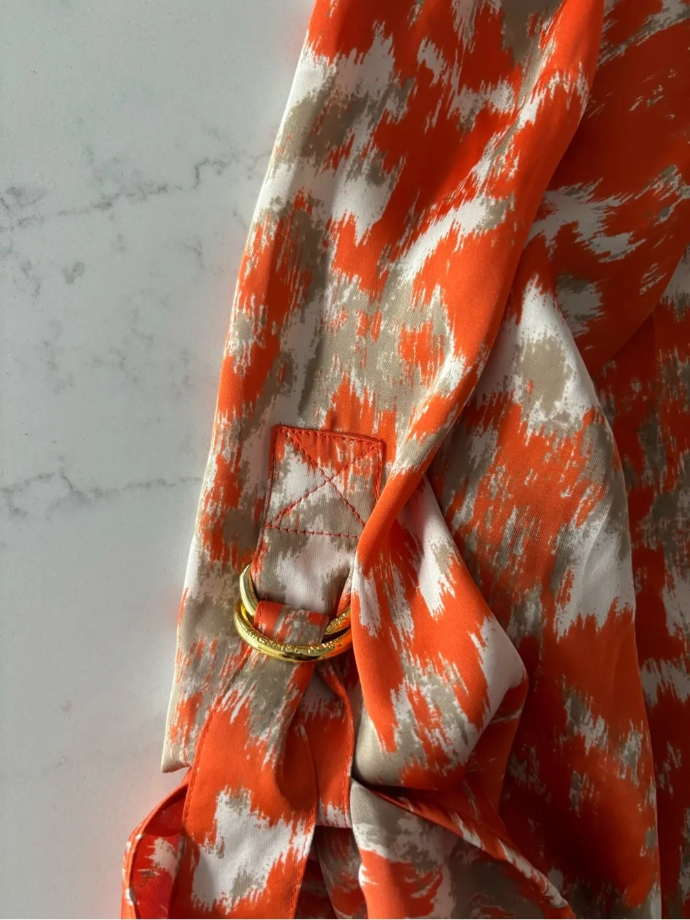 Michael Kors Orange Patterned Long-Sleeve Smocked Blouse
